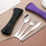 Silver 4pcs Portable Flatware Cutlery Set with Pouch - Image 4